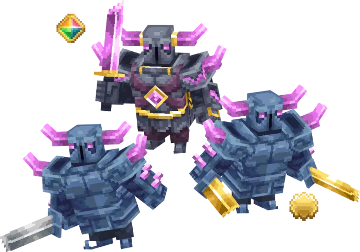 Three armored warriors with glowing swords