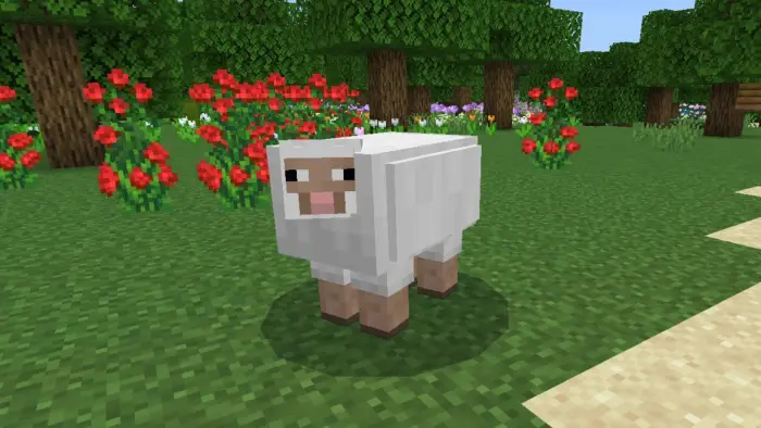 Blocky sheep in a flower-filled grassy field