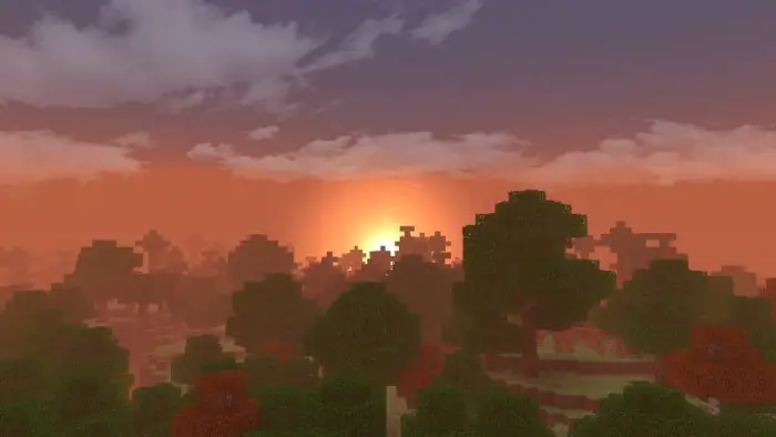 Sunset over enhanced blocky forest landscape