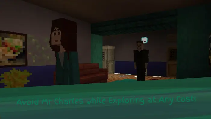 Two blocky characters in a dark, eerie room.