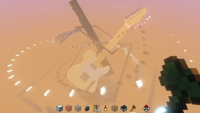 Blocky guitar and parkour paths in sunset.