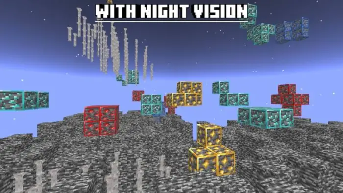 Glowing outlined ores above stone terrain