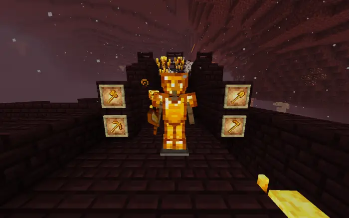 Golden armor set with matching tools displayed.