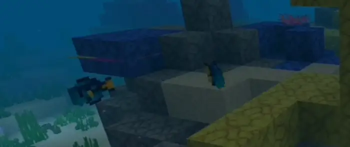 Blocky fish swimming near underwater rocks
