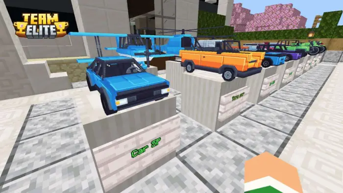 Row of colorful blocky cars on display