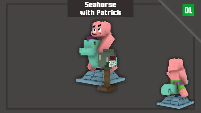 Patrick riding a blocky seahorse model