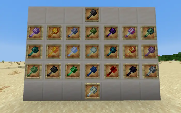 Display of 17 colorful maces on a wall