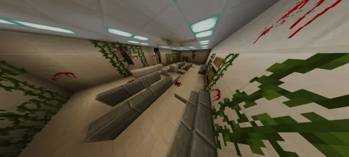Abandoned hospital hallway with blood stains