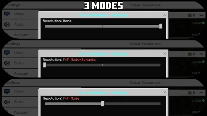 Three resolution modes selection menu