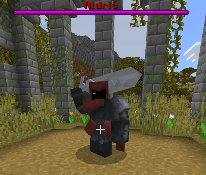 Armored companion with sword in ruins