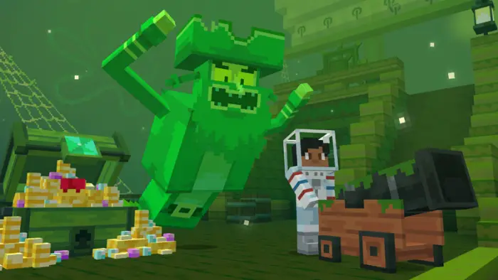 Green ghost, treasure chest, and cannon