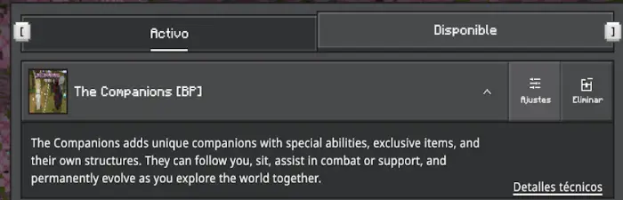 Mod menu showing The Companions description