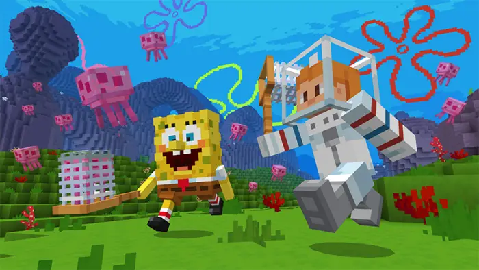 SpongeBob and Sandy chasing jellyfish