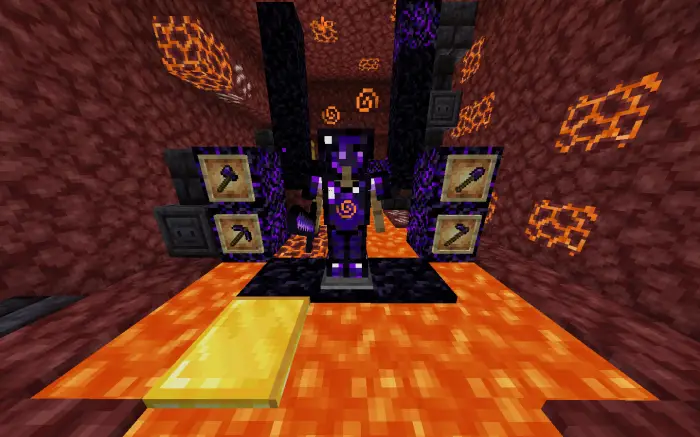 Player in purple armor with tools on display