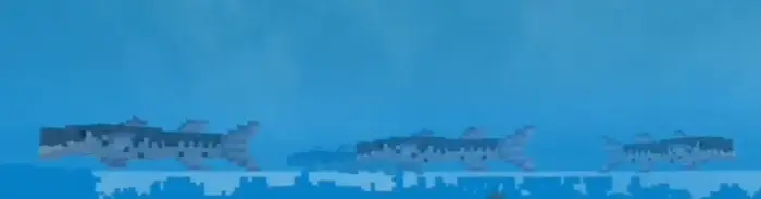 Pixelated barracudas swimming underwater