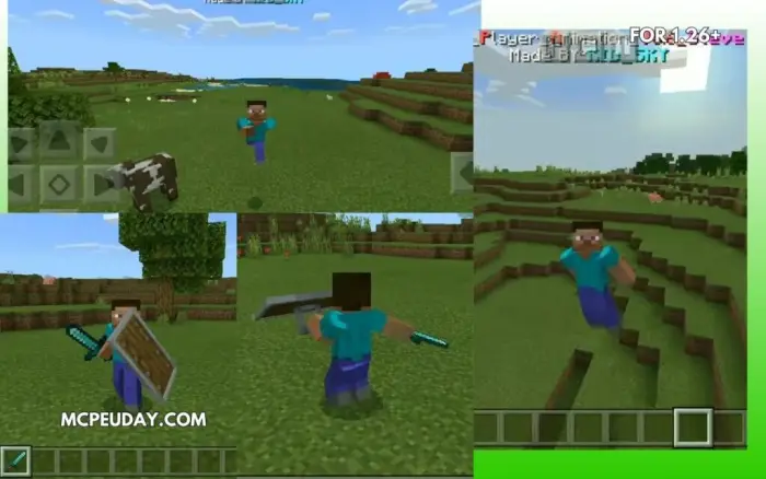 Four screenshots showing updated player animations
