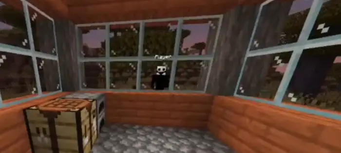 Dark figure stares through a cabin window.