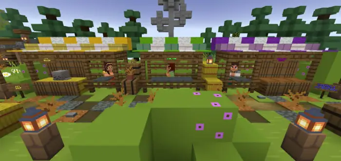 Colorful market stalls with NPC vendors