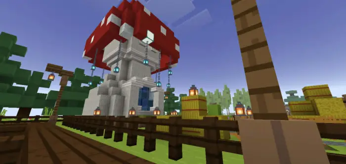 Large red mushroom house on a farm map