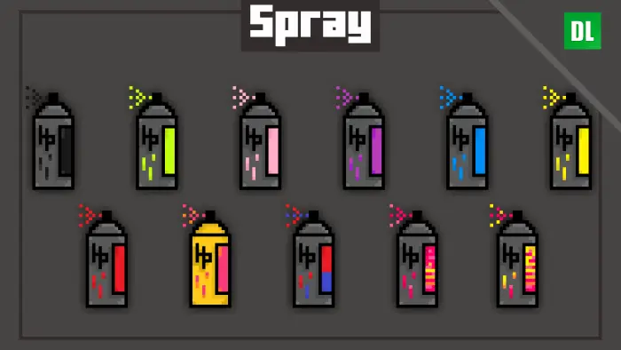 Pixel art spray paint cans in various colors