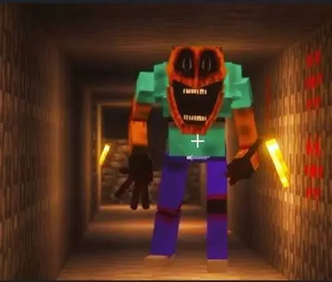 Creepy humanoid dweller in a torch-lit tunnel