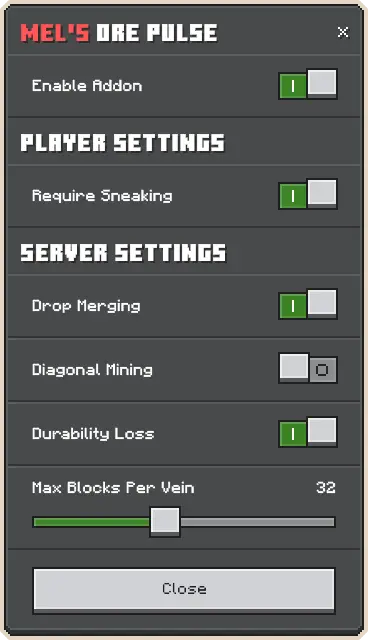 Addon settings menu with toggles and sliders