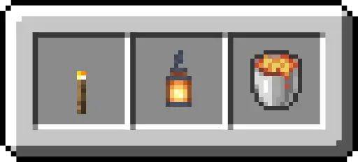 Three glowing items torch, lantern, lava.
