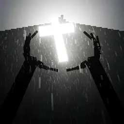 Dark figure reaching toward glowing cross in rain