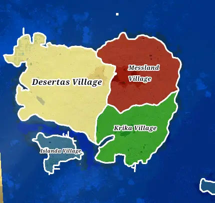 Map with four colored villages on islands