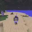 Player in lunar armor faces a rover at night
