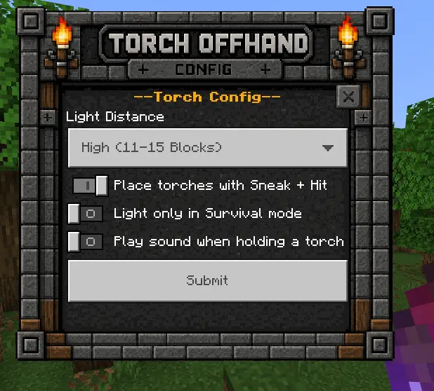 Torch OffHand settings menu interface