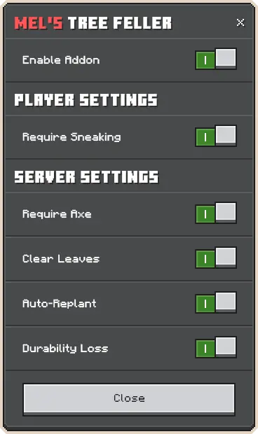 Settings menu for tree chopping addon.
