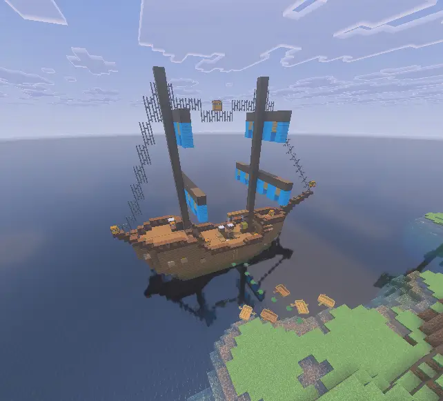 Blocky pirate ship near island shore.