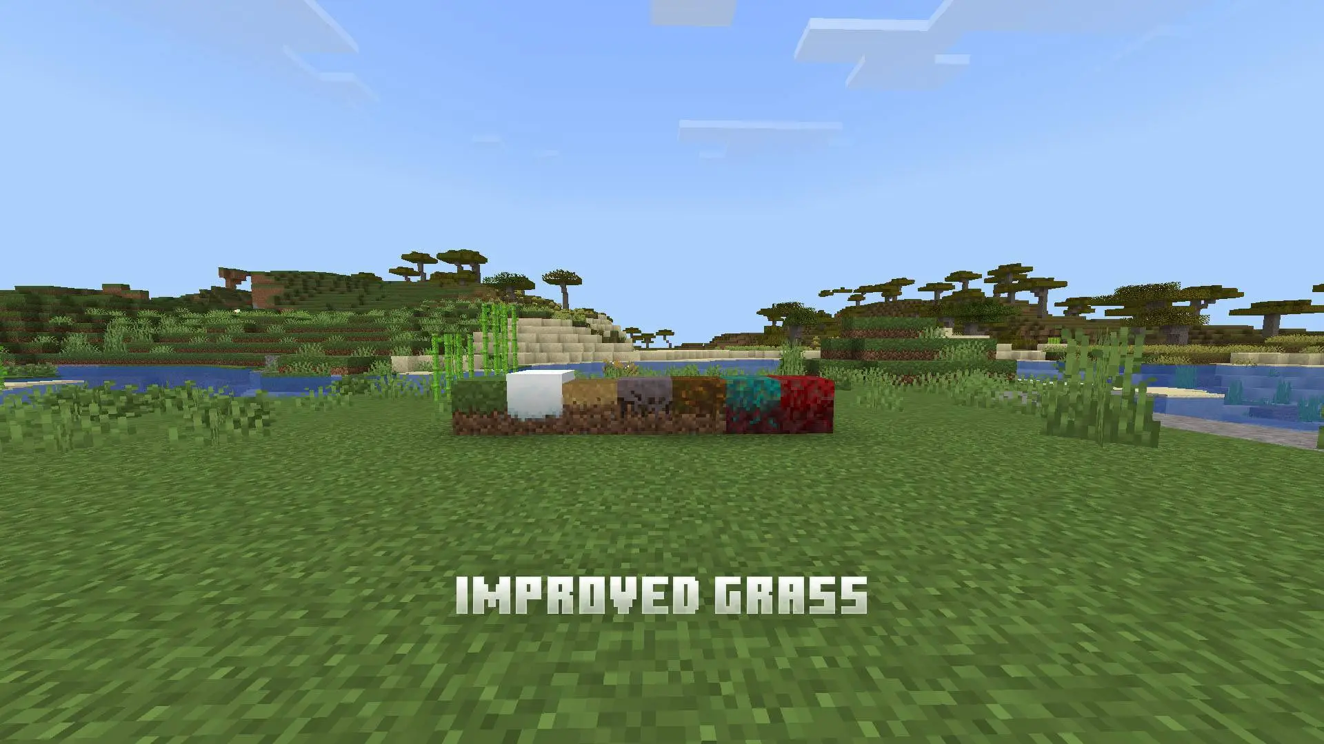 Various grass block textures in a grassy field.