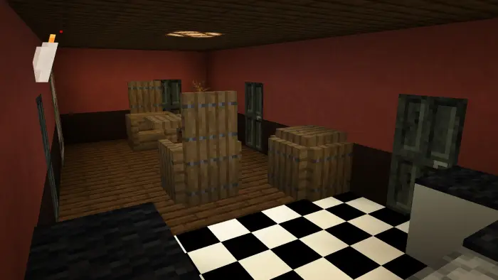 Dimly lit room with crates and checkered floor