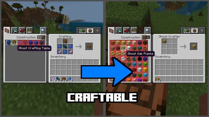 Two crafting menus with ghost blocks.