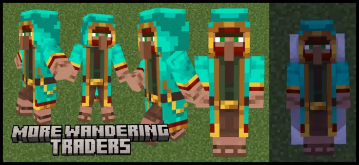 Five colorful wandering trader characters.