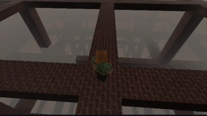Player stands on eerie brick walkway in fog.