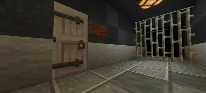 Dim hallway with door and iron bars
