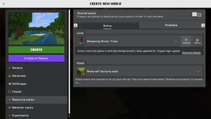 ALT Glowing armor trims texture pack menu