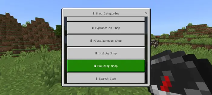 Shop menu interface with category options