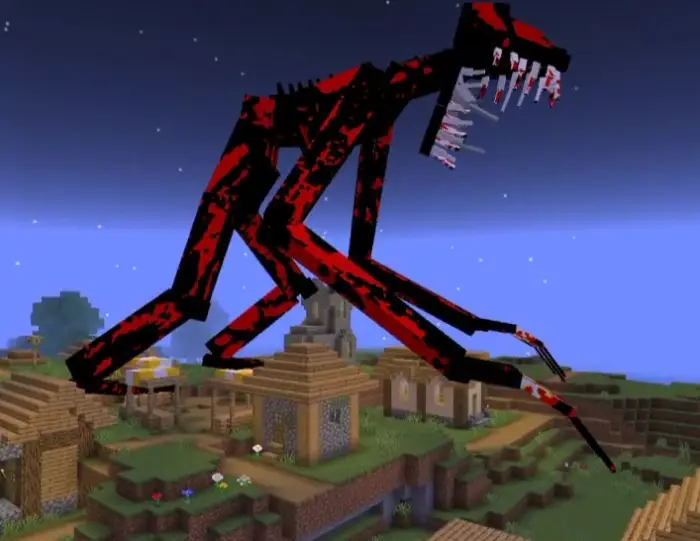 Giant red-black monster looming over village
