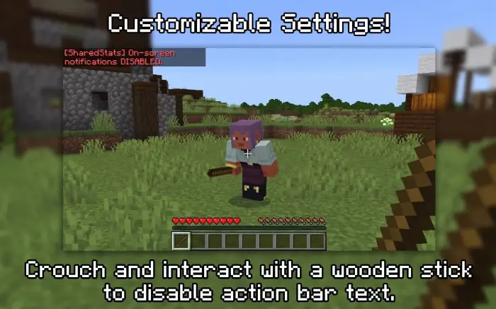 Player holding stick, health and hunger shown