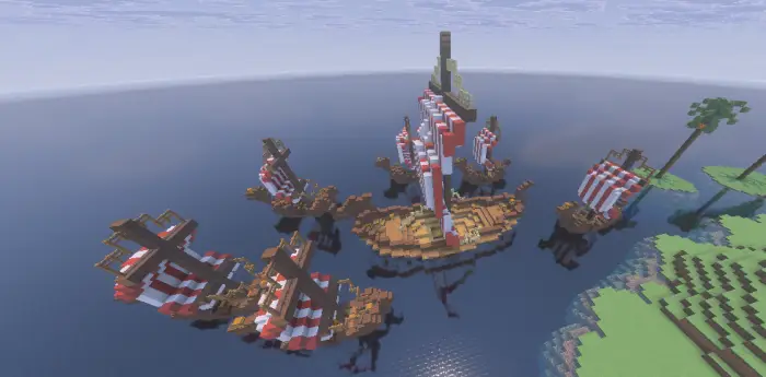 Pixelated ships surround an island arena.