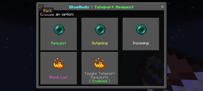 Teleport request menu with five options displayed.