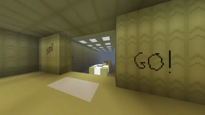 Blocky yellow corridor with JUMP and GO! signs