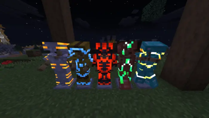 Armour sets with glowing neon trims at night.