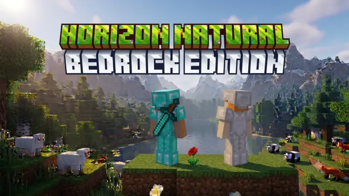 Two blocky characters overlook lush mountains.