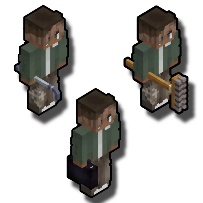 Blocky character with pipe, broom, and bag.