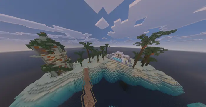 Island battle map with trees and buildings